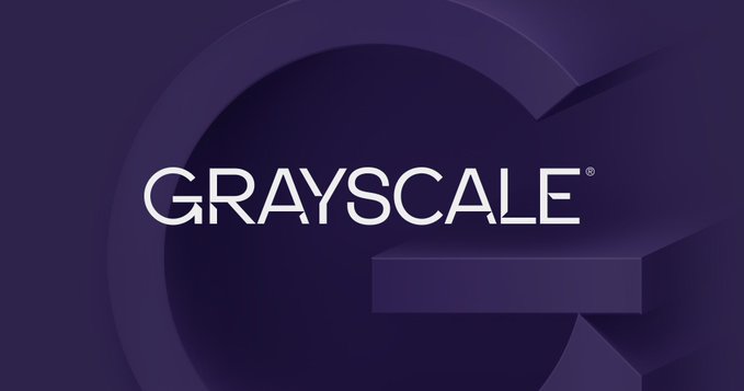 Grayscale logo banner featuring the white 'GRAYSCALE®' text against a purple background with geometric shapes.
