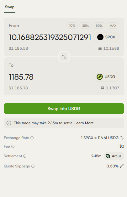 A cryptocurrency swap interface showing exchange from 10.1688 SPCX to 1185.78 USDG at a rate of 1 SPCX = 116.61 USDG, with settlement via Arcus.