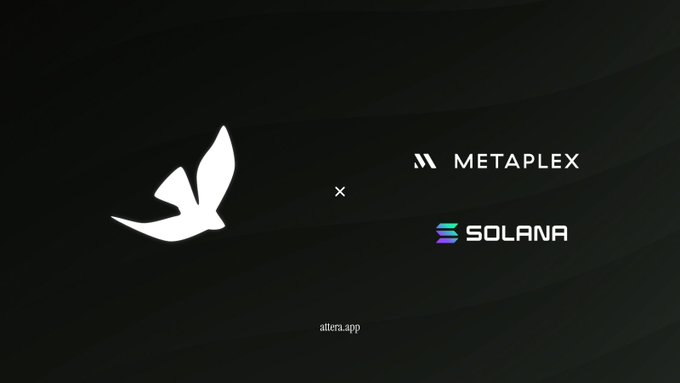 The image features the Attera bird logo on the left paired with "METAPLEX" and "SOLANA" on the right, separated by an "x" symbol, with "attera.app" displayed at the bottom. This visual represents the partnership highlighted in the post, showcasing Attera's integration with Metaplex on the Solana blockchain for real asset tokenization and attestation.