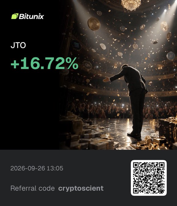 A Bitunix promotional graphic displays JTO up 16.72% as of September 26, 2026, at 13:05, featuring a performer on stage amid a shower of gold coins with referral code "cryptoscient" and a QR code—visually celebrating a winning trade in easy mode.