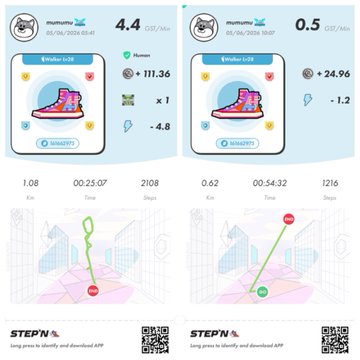The image shows two different screens displaying a map of a city with various landmarks, such as buildings and roads. The first screen has a red stop sign positioned near a building, while the second screen features a pink shoe placed next to a building. Both screens are part of an app that tracks steps taken during a walk or run in the city.