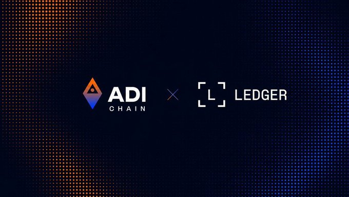 The image features the logos of "ADI CHAIN" and "LEDGER" separated by an "×" symbol on a dark dotted gradient background, suggesting a partnership between the blockchain platform ADI Chain and the crypto hardware wallet company Ledger. This visual aligns with the post's discussion about real-world asset (RWA) tokenization, implying a collaboration focused on secure, on-chain asset management and the infrastructure needed to handle the custody and settlement of tokenized assets after they are brought on-chain.
