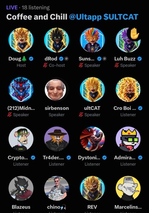 A Twitter/X Spaces live audio room titled 'Coffee and Chill @Ultapp $ULTCAT' with 18 listening, featuring participants Doug as Host, dRod as Co-host, and speakers including Suns, Luh Buzz, (212)Midnight, ultCAT, and listeners like Cro Boi, CryptoCat, Tr4der, Dystonia, Admiral, Blazeus, chino, REV, and Marcelins.