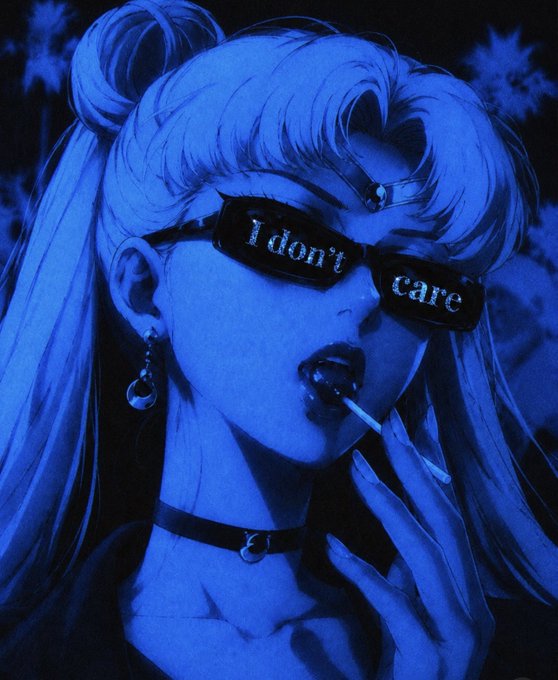 A blue-toned illustration of a woman wearing dark sunglasses that read "I don't care," smoking a cigarette, with her hair styled in twin buns.
