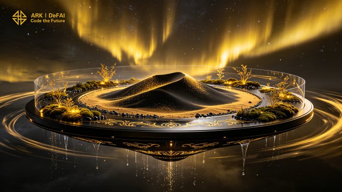 A glowing golden desert landscape sits atop an ornate circular platform beneath swirling auroras, with the logo "ARK | DeFAI / Code the Future" displayed in the top-left corner—visually echoing the message of layered growth and evolving intelligence, as the stacked dunes and radiant rings symbolize systems building momentum layer by layer.