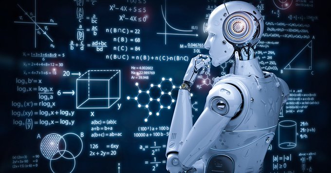 A white humanoid robot in a thinking pose stands against a dark blue background filled with mathematical equations, formulas, chemical structures, and geometric diagrams.