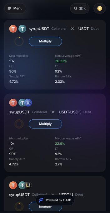 A dark-themed DeFi interface powered by FLUID showing Multiply options for syrupUSDT collateral with USDT or USDT-USDC debt, displaying multipliers up to 10x and APYs around 22.9-26.23%.