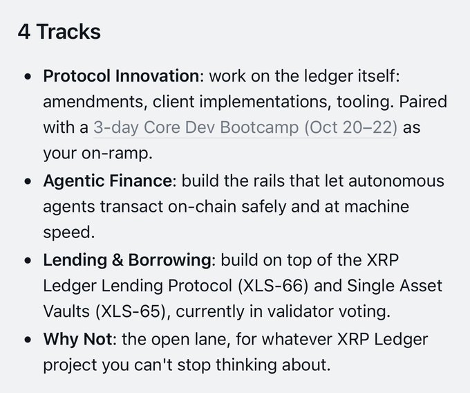 A text graphic titled '4 Tracks' lists categories: 'Protocol Innovation' (paired with '3-day Core Dev Bootcamp (Oct 20-22)'), 'Agentic Finance', 'Lending & Borrowing' (mentioning XRP Ledger Lending Protocol (XLS-66) and Single Asset Vaults (XLS-65)), and 'Why Not'.