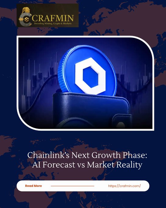 A promotional graphic from CRAFMIN about Chainlink titled 'Chainlink's Next Growth Phase: AI Forecast vs Market Reality' featuring a large blue Chainlink (LINK) coin.
