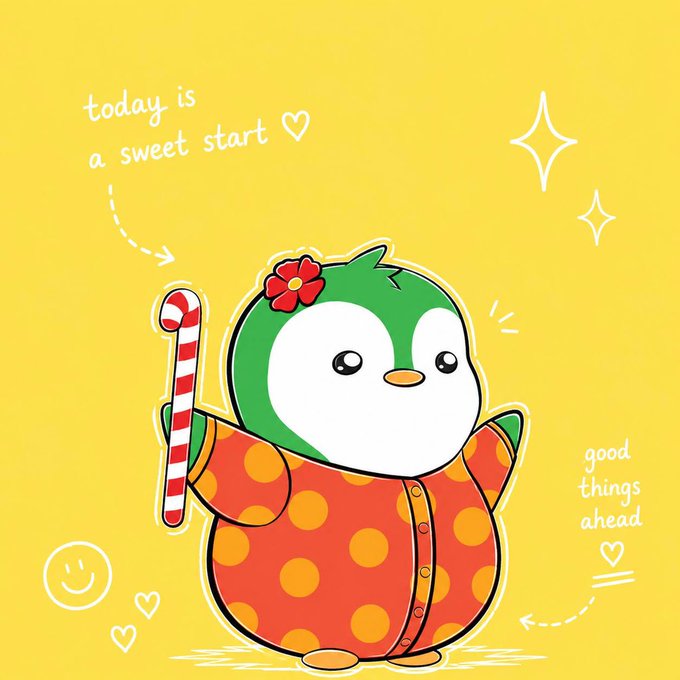 A cheerful cartoon penguin character holds a candy cane on a bright yellow background, with handwritten text reading "today is a sweet start" and "good things ahead," perfectly capturing the post's theme of spreading good vibes and positivity.