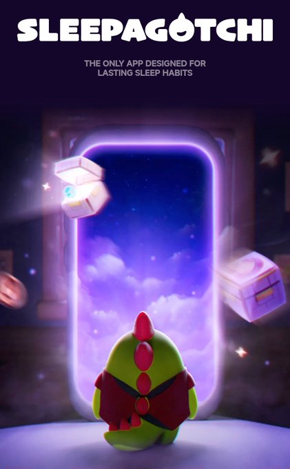 An app promotional poster for 'Sleepagotchi - The Only App Designed For Lasting Sleep Habits' features a green creature looking into a glowing portal of clouds and stars.
