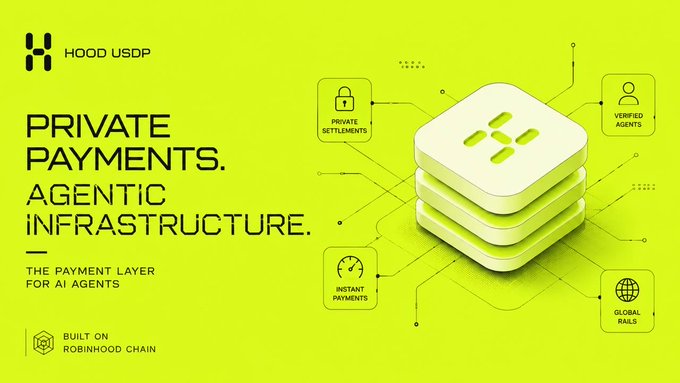 The image is a vibrant green and black promotional graphic for "HOOD USDP" that advertises "PRIVATE PAYMENTS. AGENTIC INFRASTRUCTURE." as "THE PAYMENT LAYER FOR AI AGENTS," built on Robinhood Chain, with feature icons highlighting private settlements, instant payments, verified agents, and global rails. It visually supports the post's announcement of being the first project on Robinhood Chain to deliver private, identity-verified, spend-capped payment infrastructure for AI agents.