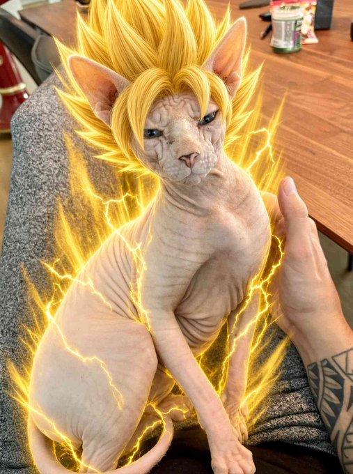A humorous edited image of a Sphynx cat with spiky blonde anime hair and glowing yellow energy, styled like a Super Saiyan from Dragon Ball.
