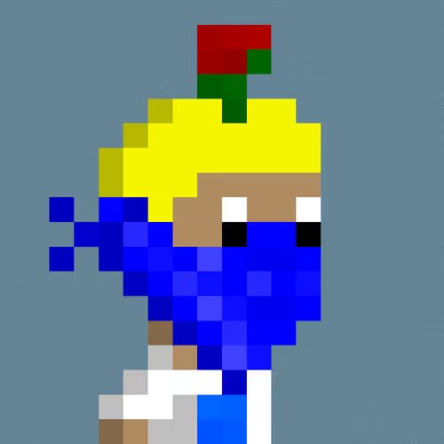 A low-resolution pixel art image of a character with blonde hair, a red hat, white face markings, and a blue top against a blue background.