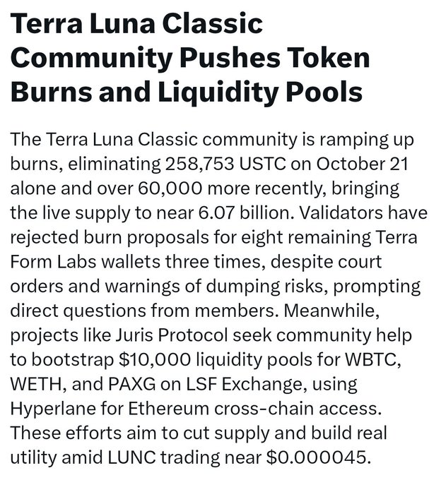A headline reads “Terra Luna Classic Community Pushes Token Burns and Liquidity Pools,” followed by text about USTC burns, validators, Juris Protocol liquidity pools, Hyperlane, and LUNC trading near $0.000045.