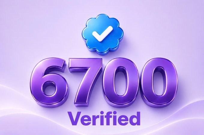 A 3D-rendered graphic on a soft purple background showing a blue verification badge above the large number "6700" and the word "Verified".