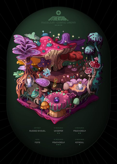 A colorful, whimsical digital illustration titled 'MYCELIUM - COSMIC DREAM' features fantastical mushrooms, glowing lights, and creatures in a dreamlike setting, with text indicating 'ABSTRACT RUGGED SHOVEL', 'X RESOURCE WHISPER PSYCHOSILK', and 'KODA NONE'.