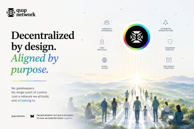 The image is a promotional graphic for "quip network" featuring a central circular logo surrounded by six labeled pillars—Community Governance, Distributed Infrastructure, Open Protocols, Censorship Resistant, Global Access, and Open Source Ecosystem—with the tagline "Decentralized by design. Aligned by purpose." The post's message about a block being just the beginning is visually echoed by the six interconnected features branching outward from the central logo, illustrating how the foundational block enables broader possibilities in the network's purpose-driven, community-built future.