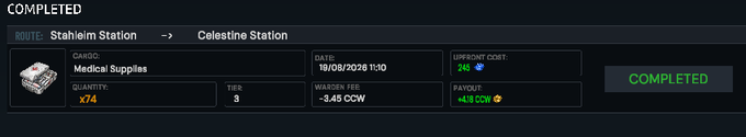 A dark-themed game or app interface displays a 'COMPLETED' shipment route from 'Stahleim Station' to 'Celestine Station' carrying 'Medical Supplies' for a payment of '+418 COW'.