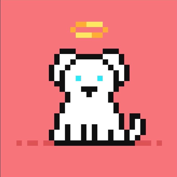 A pixelated white dog with cyan eyes sits beneath a yellow halo on a coral-pink background, fitting the "Robinhood Doggos" NFT project the post promotes for a $1 mint. The angelic design symbolizes the "good boy" branding while the minimal pixel-art style reflects the low mint price and casual crypto community vibe.