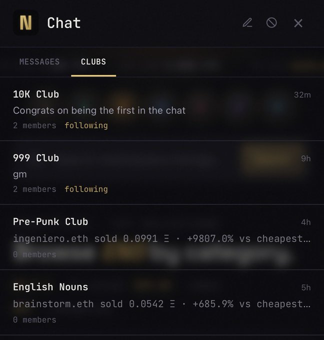 A chat interface screenshot showing 'Clubs' tab with groups including '10K Club' (32m), '999 Club' (9h), 'Pre-Punk Club' (4h), and 'English Nouns' (5h), with messages about ingeniero.eth selling 0.0991Ξ and brainstorm.eth selling 0.0542Ξ.