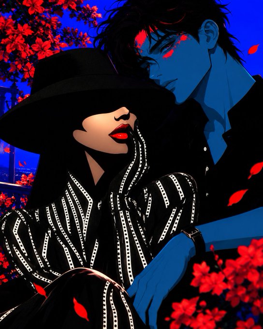 A stylized digital illustration depicting two figures in a dramatic pose—one wearing a black hat and striped outfit with red lipstick, the other with blue-toned skin and dark hair—surrounded by red flowers and petals.