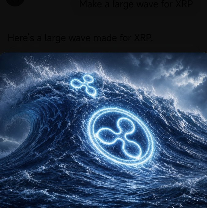 A massive crashing ocean wave is illuminated with glowing XRP logos, accompanied by the text "Make a large wave for XRP" and "Here's a large wave made for XRP."

The towering wave adorned with XRP symbols visually echoes the post's theme of a dramatic, surging wave—likely referencing the cryptocurrency's meteoric price rise, mirroring the speaker's astonishment at Bitcoin's unexpected climb from tens of thousands to over a million yen.