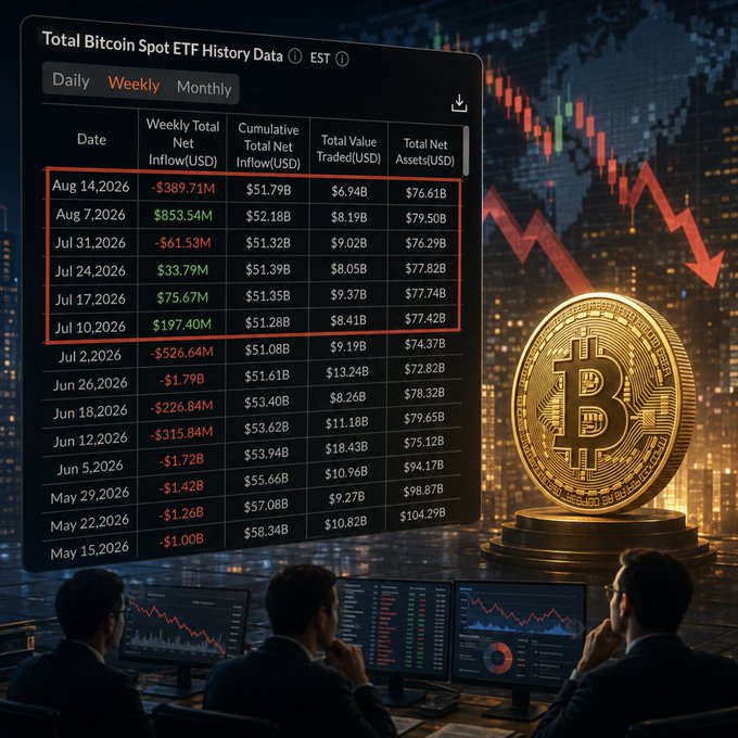 A financial data display showing 'Total Bitcoin Spot ETF History Data' with weekly net inflows highlighted in a red box from July 10, 2026 to Aug 14, 2026, featuring a large golden Bitcoin coin, a red downward trending arrow, and silhouettes of traders monitoring screens.