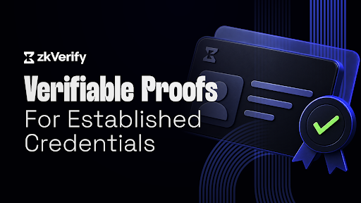 A promotional graphic with dark blue background features the text 'zkVerify', 'Verifiable Proofs For Established Credentials', and a credential badge with a green checkmark.