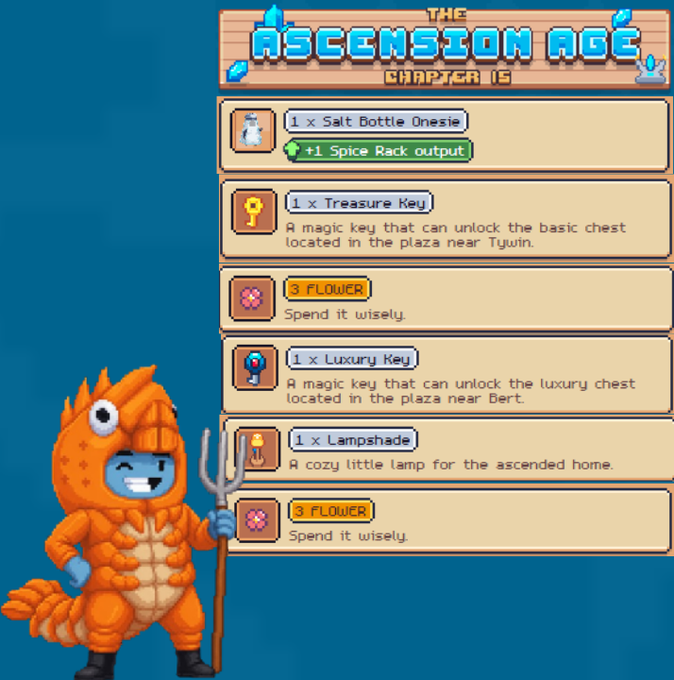 A pixel-art game screen titled 'THE ASCENSION AGE - CHAPTER 15' displays a rewards list including a 'Salt Bottle Onesie', 'Treasure Key', 'Luxury Key', and 'Lampshade', accompanied by a character in an orange fish costume holding a trident.