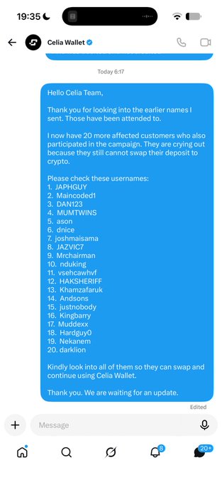 A screenshot of a Telegram message to 'Celia Wallet' listing 20 usernames (such as JAPHGUY, Maincode6ft, DAN123) from customers affected by a swap deposit issue.