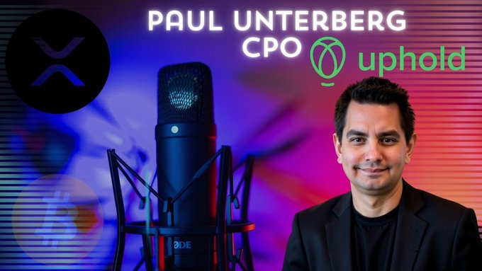 The image features a man standing next to a microphone with a purple background, which appears to be a part of an advertisement or promotional material for a podcast or audio content. The text "Paul Unterberg CPO Uphold" is displayed above the man and the microphone, indicating that this might be related to a podcast about blockchain technology or financial markets. The image also includes a logo for XRP (XRP Ledger) in the bottom right corner.