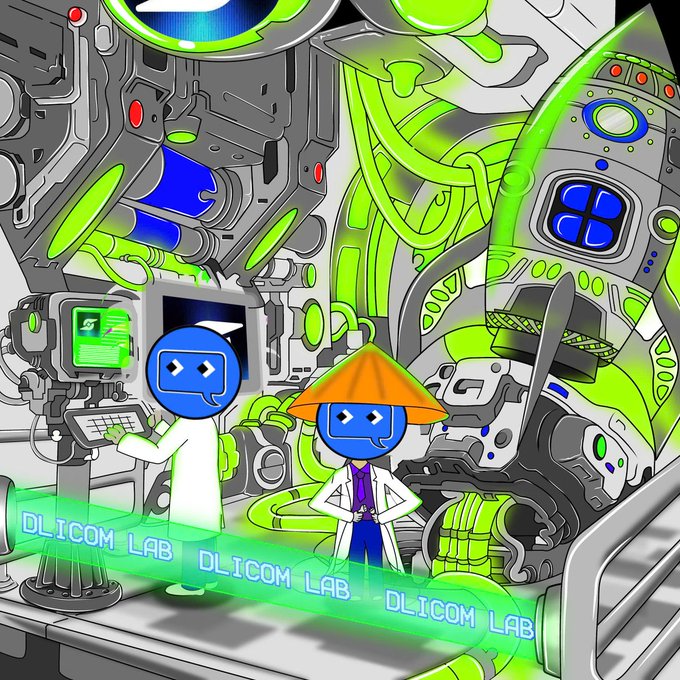 Two blue robot figures—one wearing a lab coat and the other a traditional conical hat—work amid a complex, futuristic green-lit machine in the "DLICOM LAB," as displayed on a glowing banner in the foreground, visually capturing the post's theme of a high-tech creative lab where SocialFi ideas are actively being built and refined.