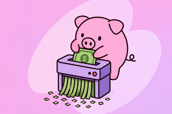 A cute pink piggy bank feeds a green dollar bill into a paper shredder, with shredded money spilling out—visually representing the irreversible loss of funds in the $LAB token unlocks described in the post.