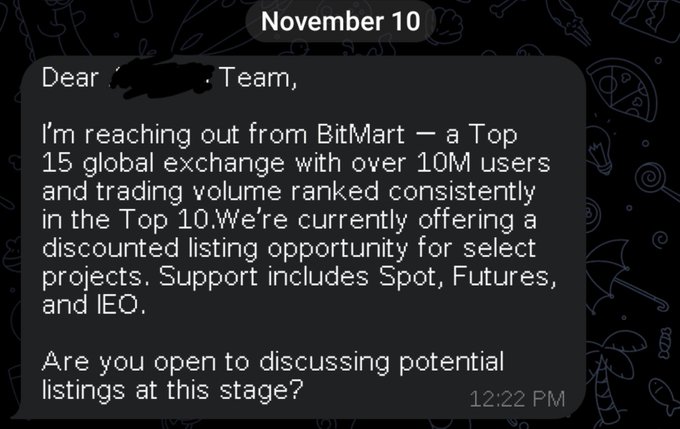 A screenshot of a text message dated November 10 at 12:22 PM, reading: 'Dear [redacted] Team, I'm reaching out from BitMart – a Top 15 global exchange with over 10M users and trading volume ranked consistently in the Top 10. We're currently offering a discounted listing opportunity for select projects. Support includes Spot, Futures, and IEO. Are you open to discussing potential listings at this stage?'