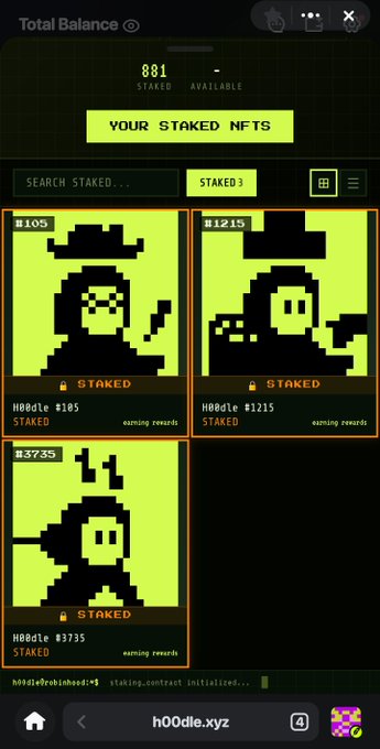 h00dle.xyz staked NFTs dashboard showing total balance of 881 with three staked pixel-art hooded NFT figures (#105, #1215, #3735) all marked as staked and earning rewards.