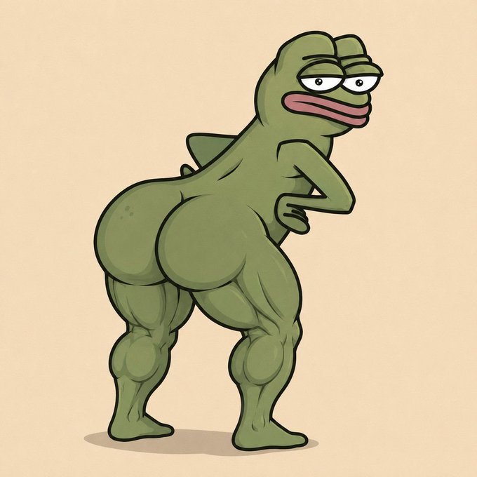 This image depicts Pepe the Frog with exaggerated muscular legs and buttocks, humorously illustrating the concept of a significant market cap increase for the $cashcat cryptocurrency. The post suggests the user missed out on this massive growth, implying the image represents the "gains" they could have had.