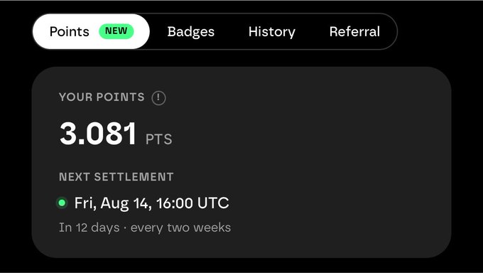 A digital dashboard displays a Points tab showing 3,081 PTS with the next settlement scheduled for Fri, Aug 14, 16:00 UTC.