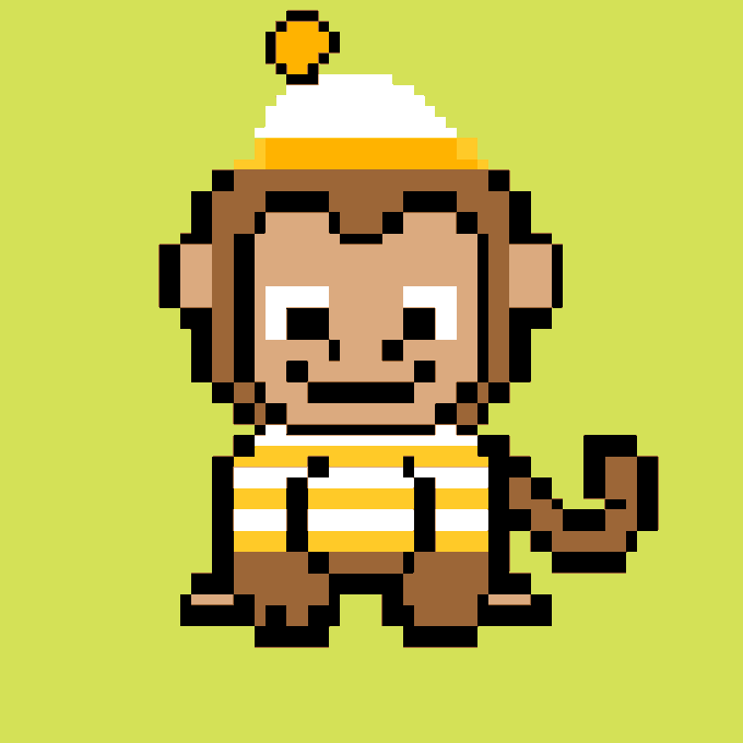 A pixel art illustration of a monkey character wearing a yellow and white striped shirt and a white knit cap with a yellow pom-pom, set against a green backdrop.