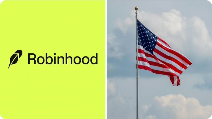 The image shows the Robinhood logo on a yellow-green background alongside an American flag waving against a cloudy sky, visually connecting the trading platform's announcement of enabling AI agents for crypto trading to its US user base.
