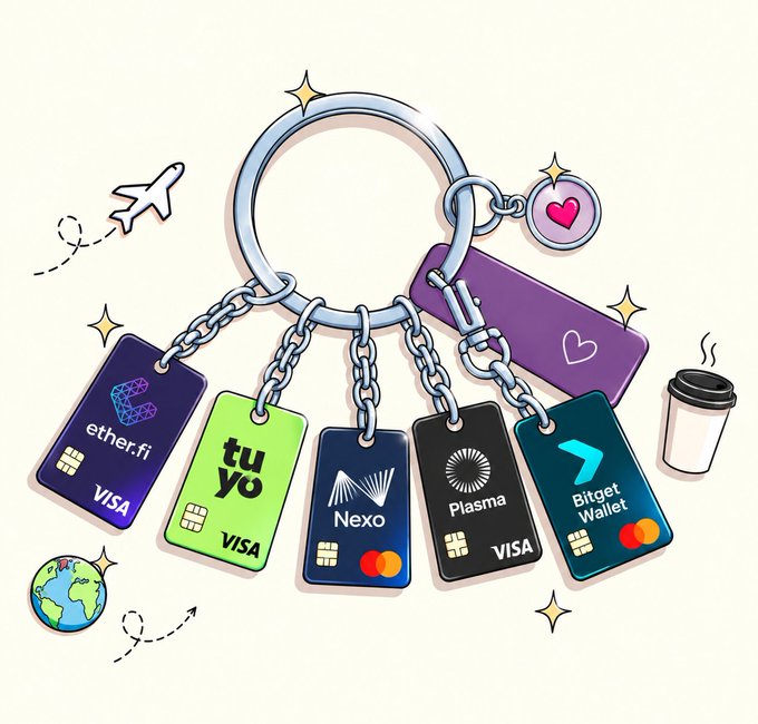 An illustration of a keychain holding several crypto and fintech cards, including ether.fi, Tuyo, Nexo, Plasma, and Bitget Wallet.