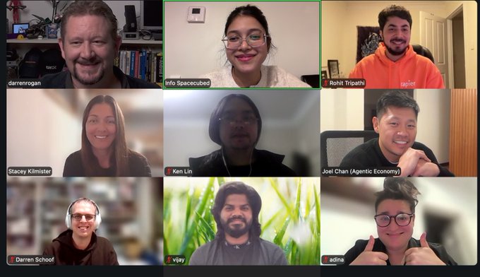 A 3x3 Zoom video call grid showing nine participants, including names like 'darrenrogan,' 'Info Spacecubed,' 'Rohit Tripathi,' 'Stacey Klimister,' 'Ken Lin,' 'Joel Chan (Agentic Economy),' 'Darren Schoof,' 'vijay,' and 'adina.'
