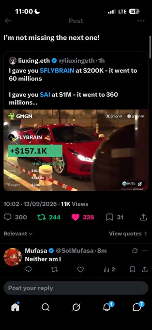 A social media post on X showing a user claiming they gave $FLYBRAIN at $200K which rose to $60M, and $SAI at $1M which grew to $360M, accompanied by an image of a red sports car with the ticker $FLYBRAIN showing +$157.1K.