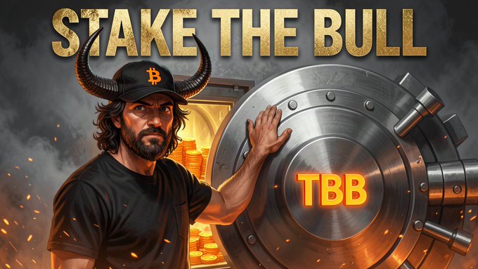 The image is promotional artwork for "Stake the Bull," featuring a bearded man with bull horns and a Bitcoin cap next to a large vault door labeled "TBB," with a Bitcoin symbol visible inside. The bold gold title "STAKE THE BULL" appears at the top, reinforcing the project's branding for the $TBB token launch announced in the post.