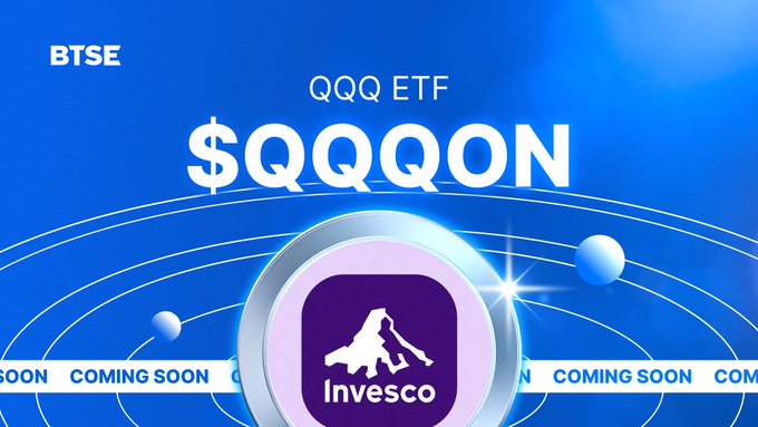 The image features a blue background with white text that reads "Incoming Spot Listing on #BTSE - $QQQON @OndoFinance Pair: QQQON/USDT Deposits: 9 AM (UTC+0), May 26 Trading: 8 AM (UTC+0), May 27 Get ready for the new listing!". The image also includes a small purple circle with a white logo, which is related to the $QQQON pair.