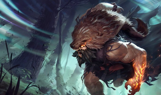A fantasy digital artwork depicting a fierce werewolf-like beast with glowing orange eyes and flames on its arm, roaring in a misty forest setting.
