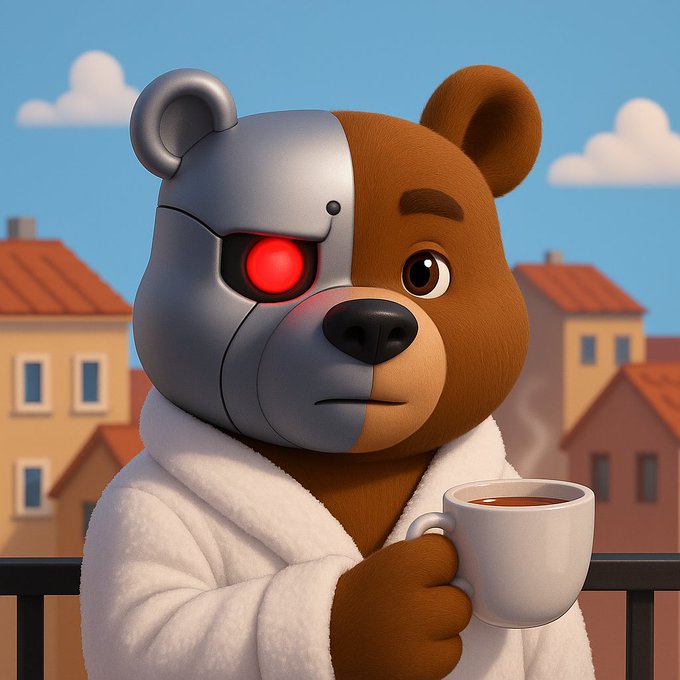 A 3D-rendered cartoon bear with half metallic robotic face and red glowing eye, wearing a white bathrobe, holds a steaming coffee mug on a balcony with European-style rooftops behind it.