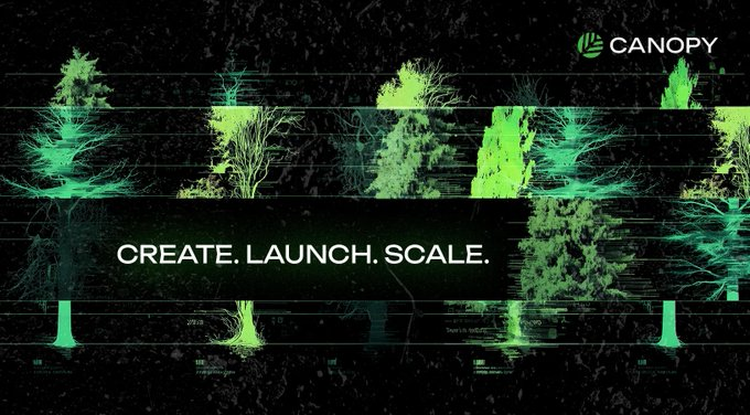 A Canopy promotional graphic featuring green digital tree visualizations with the tagline 'CREATE. LAUNCH. SCALE.' in white text.
