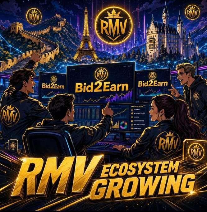Promotional graphic for the RMV ecosystem featuring 'Bid2Earn' displayed on multiple monitors, with the text 'RMV ECOSYSTEM GROWING' prominently shown alongside illustrated characters and landmarks like the Eiffel Tower.