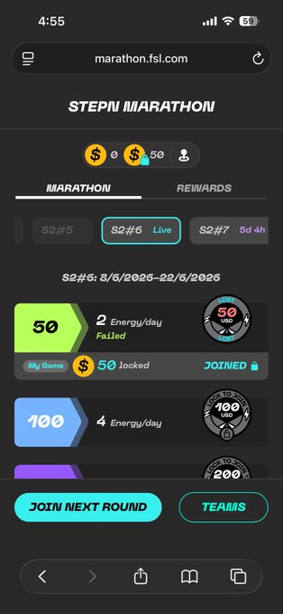 The image shows a phone screen displaying a marathon challenge app with various statistics and information about the runner's progress. The runner has completed 2 marathons so far, which are worth $50 each, and they have earned $75 in rewards for their achievements. There is also an option to join next round of teams, indicating that there might be more challenges or races ahead.
